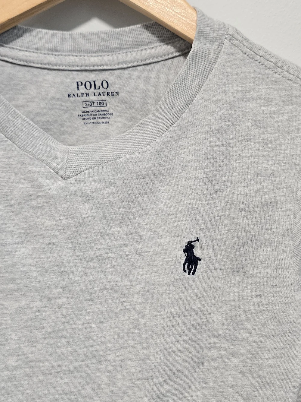 Ralph Lauren Kids' Long-Sleeve V-Neck Tee in Light Gray with Navy Pony
